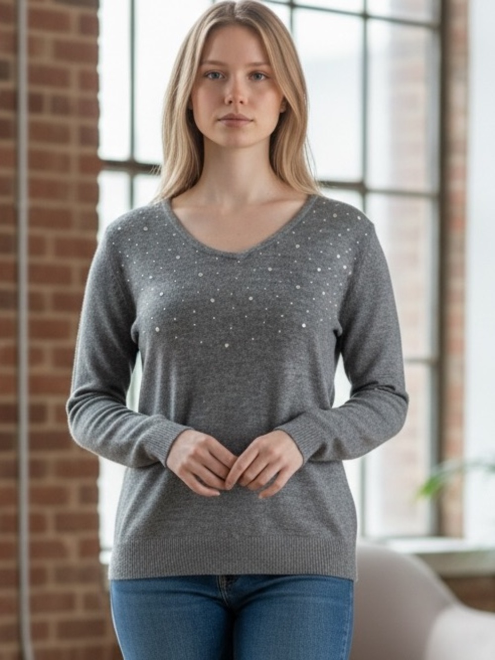 Karen Scott Grey‎ Rhinestone V-Neck Sweater Embellished Knit Top Gray Size Large